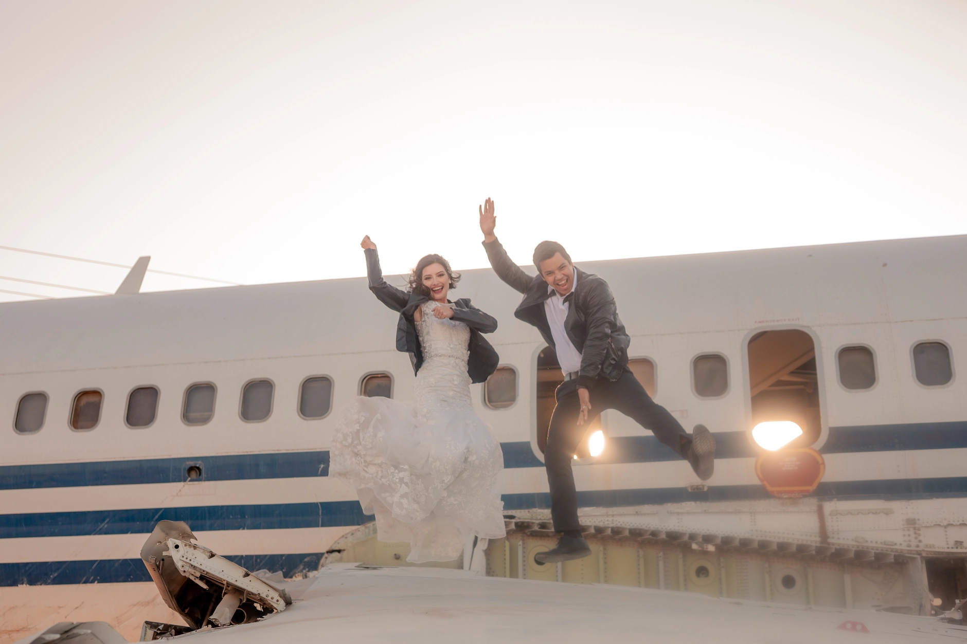 Cinematic couple shot on the airfield