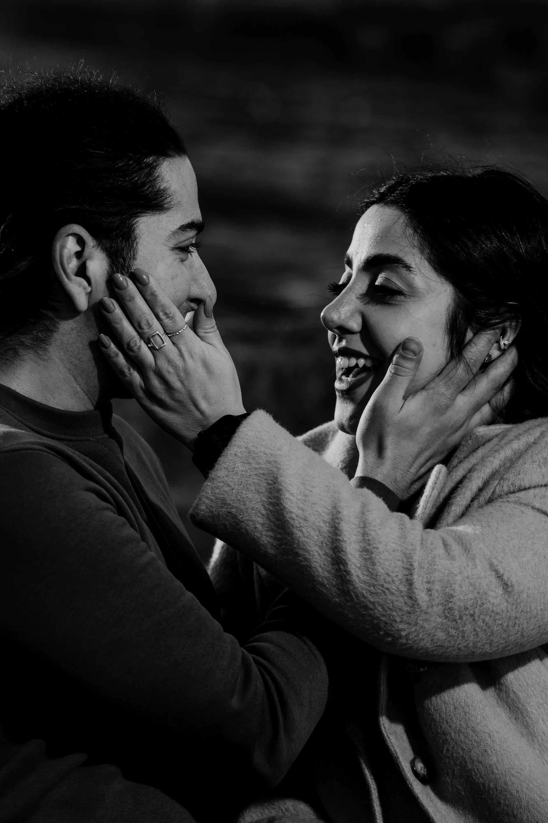Black-and-white portrait with a forehead-to-forehead moment