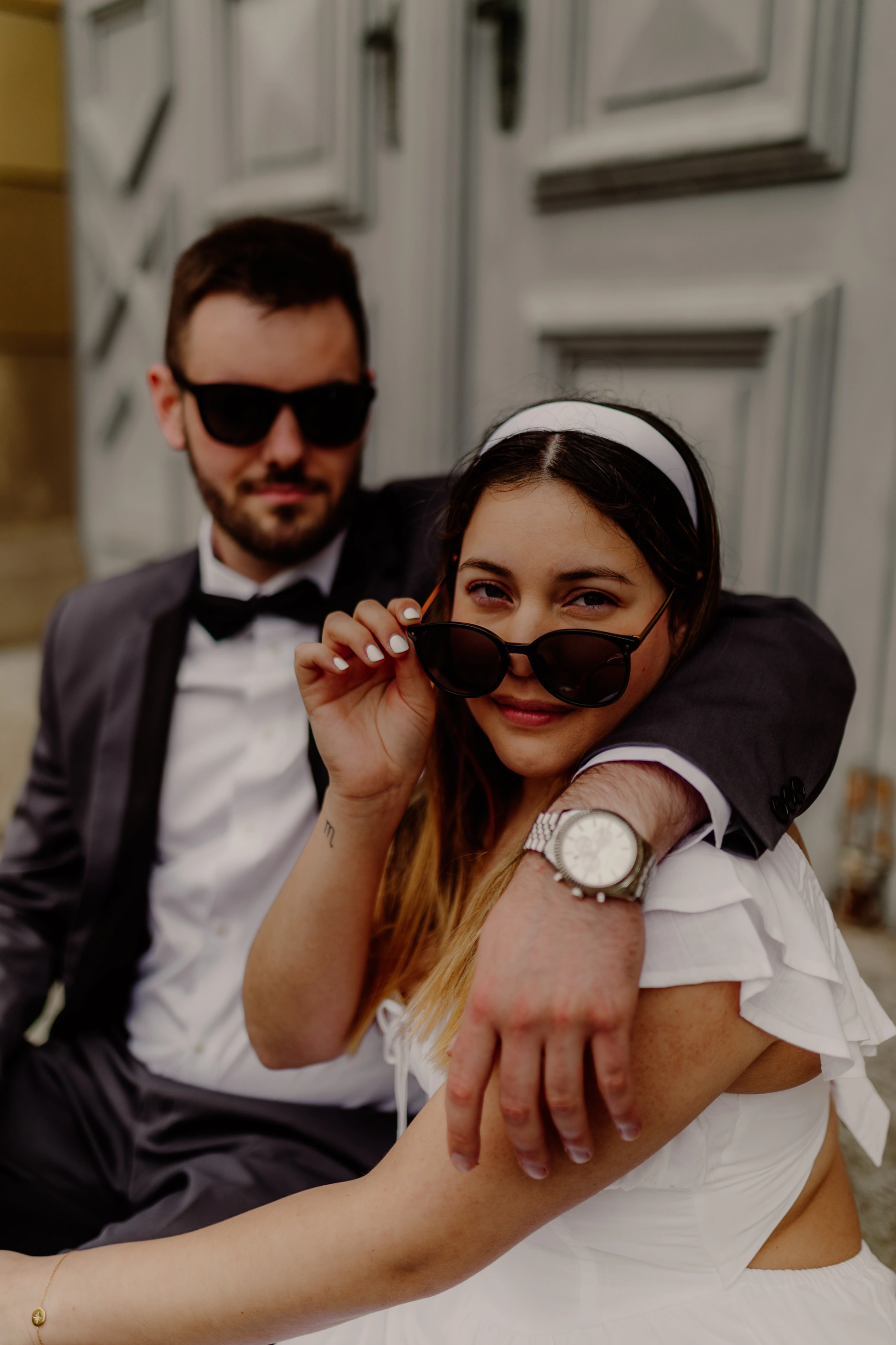 Fashion style couple portrait with sunglasses