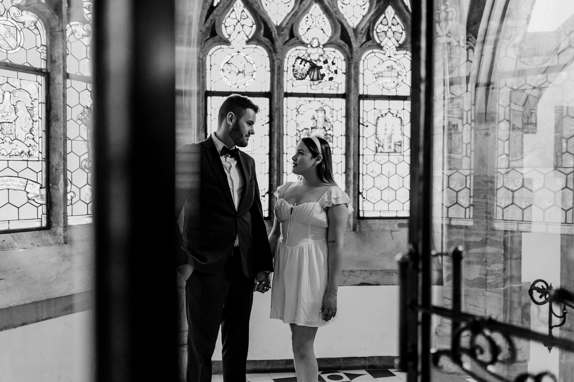 Black and white couple portrait in an archway