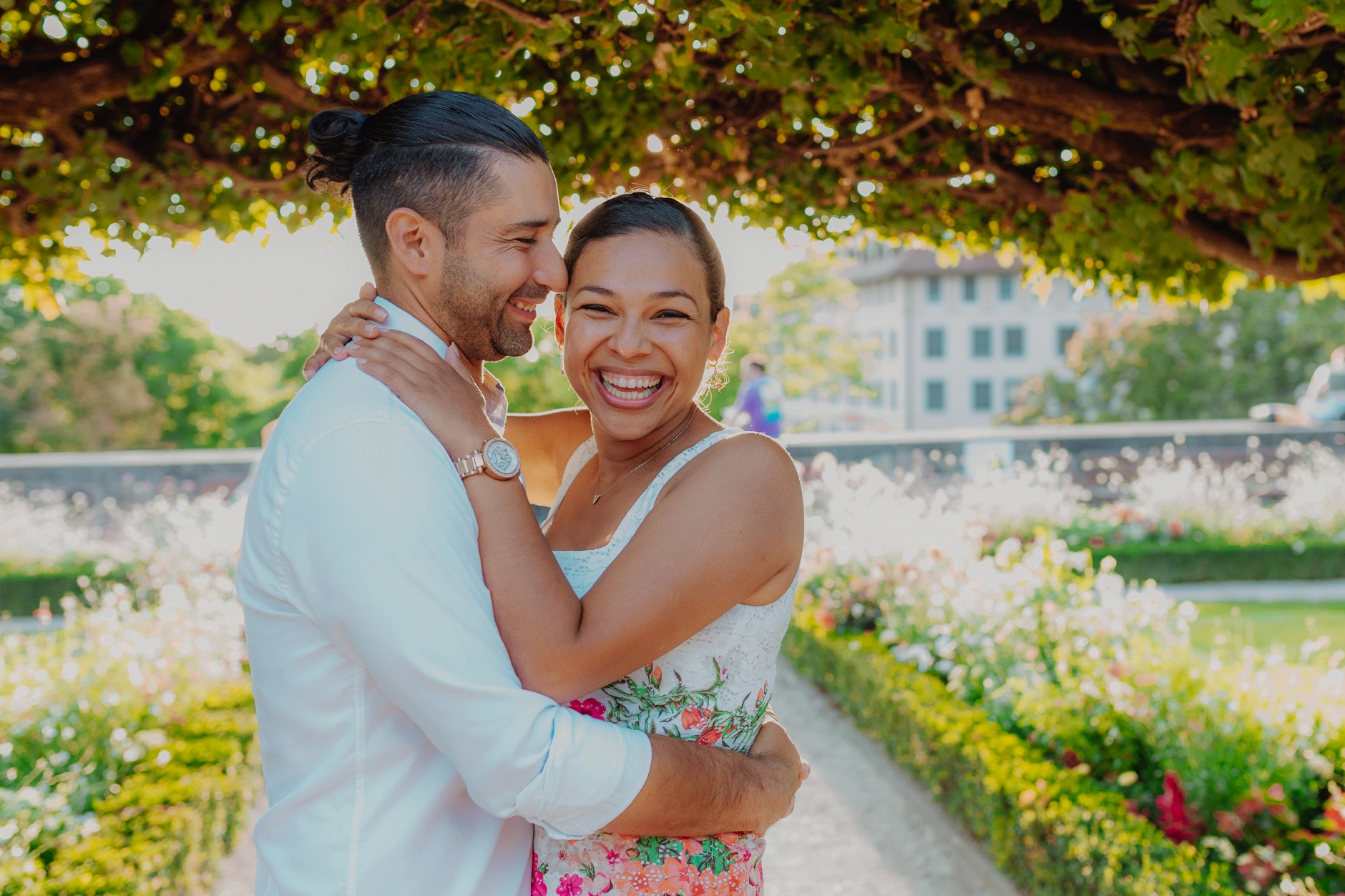 Couple portrait embracing on the park path