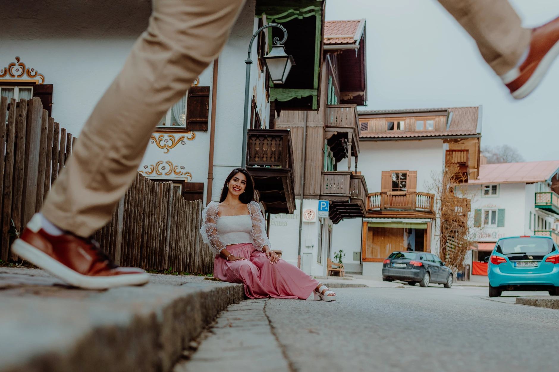 Dynamic street frame with motion and flowing dress