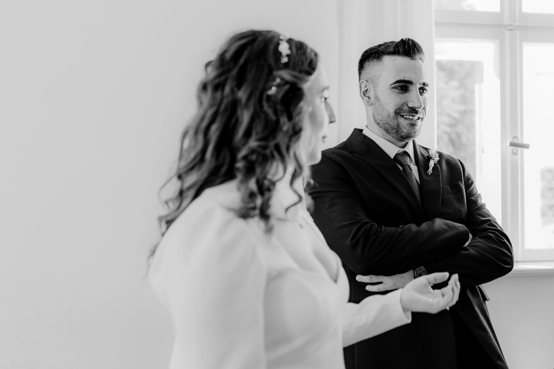 Africa and Yussuf, black-and-white portrait during the ceremony